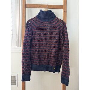 Tory Burch Navy Maroon Striped Long Sleeve Turtleneck Wool Mohair Sweater M Cozy